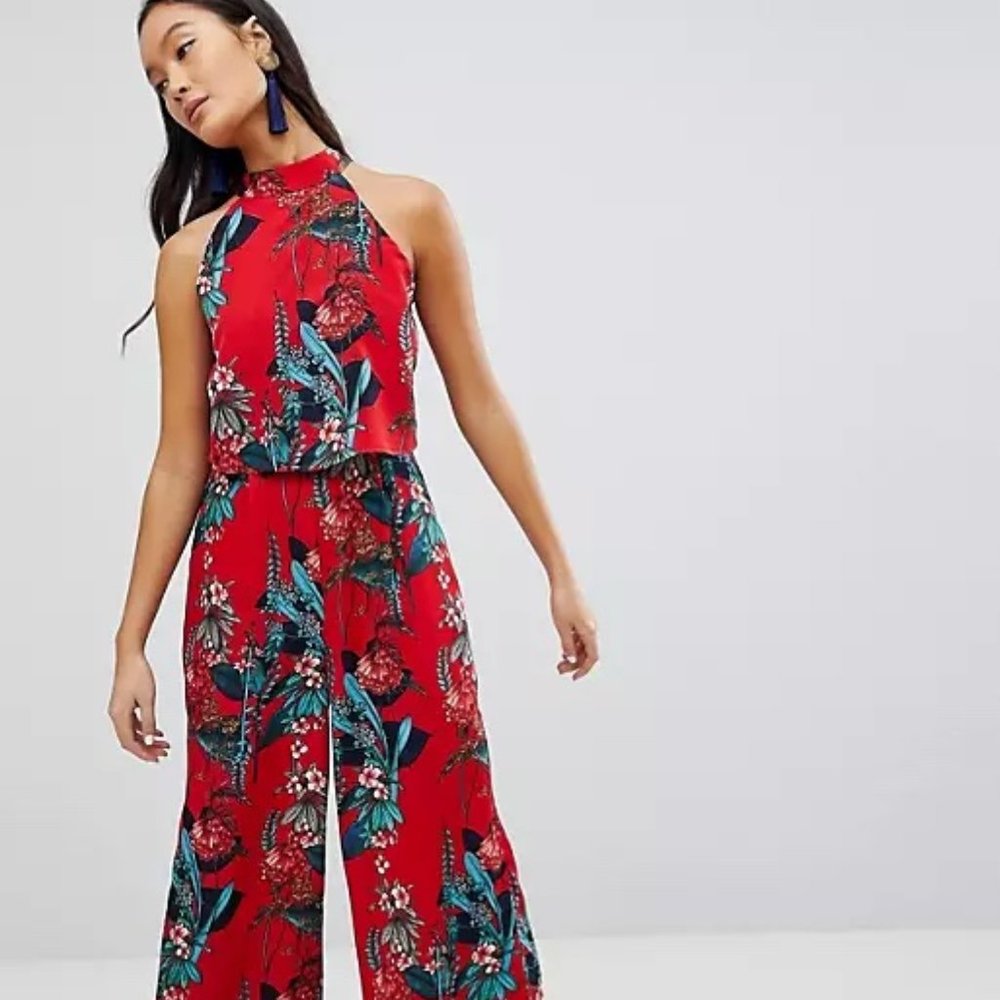 Parisian, Size 8, High Neck Red Floral Jumpsuit